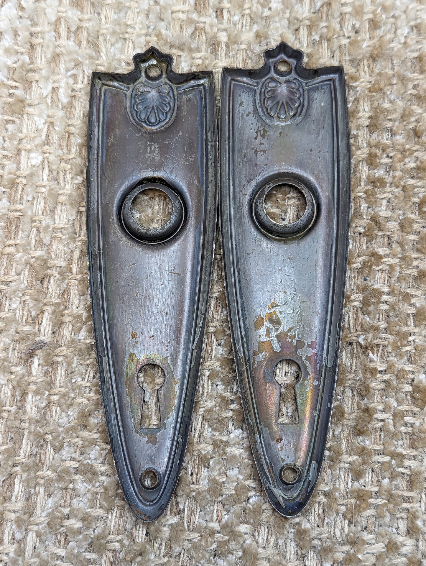 Pair Of 1 11/16" x 6" Antique Stamped Steel Door Knob Plates