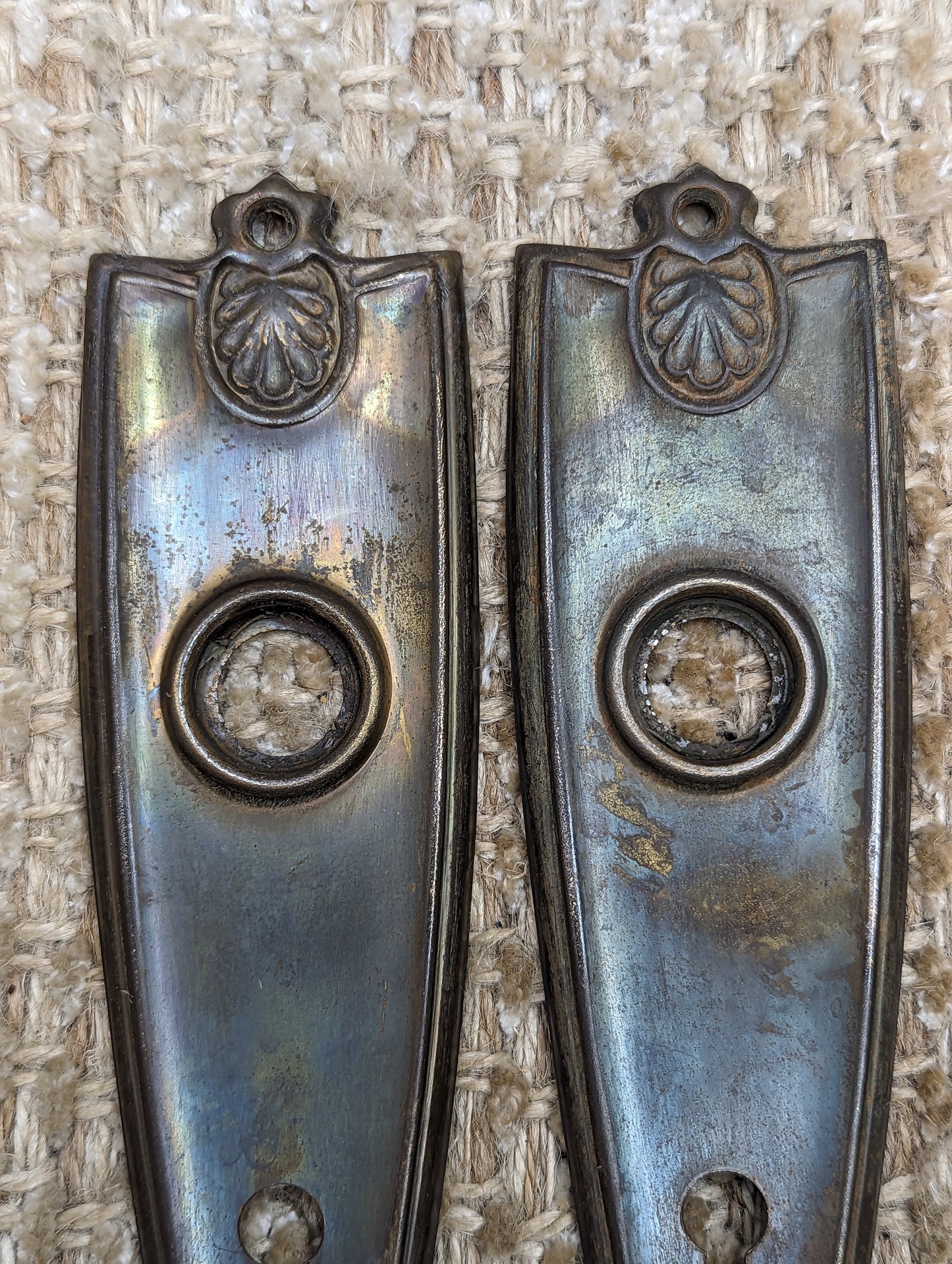 Pair Of 1 11/16" x 6" Antique Stamped Steel Door Knob Plates