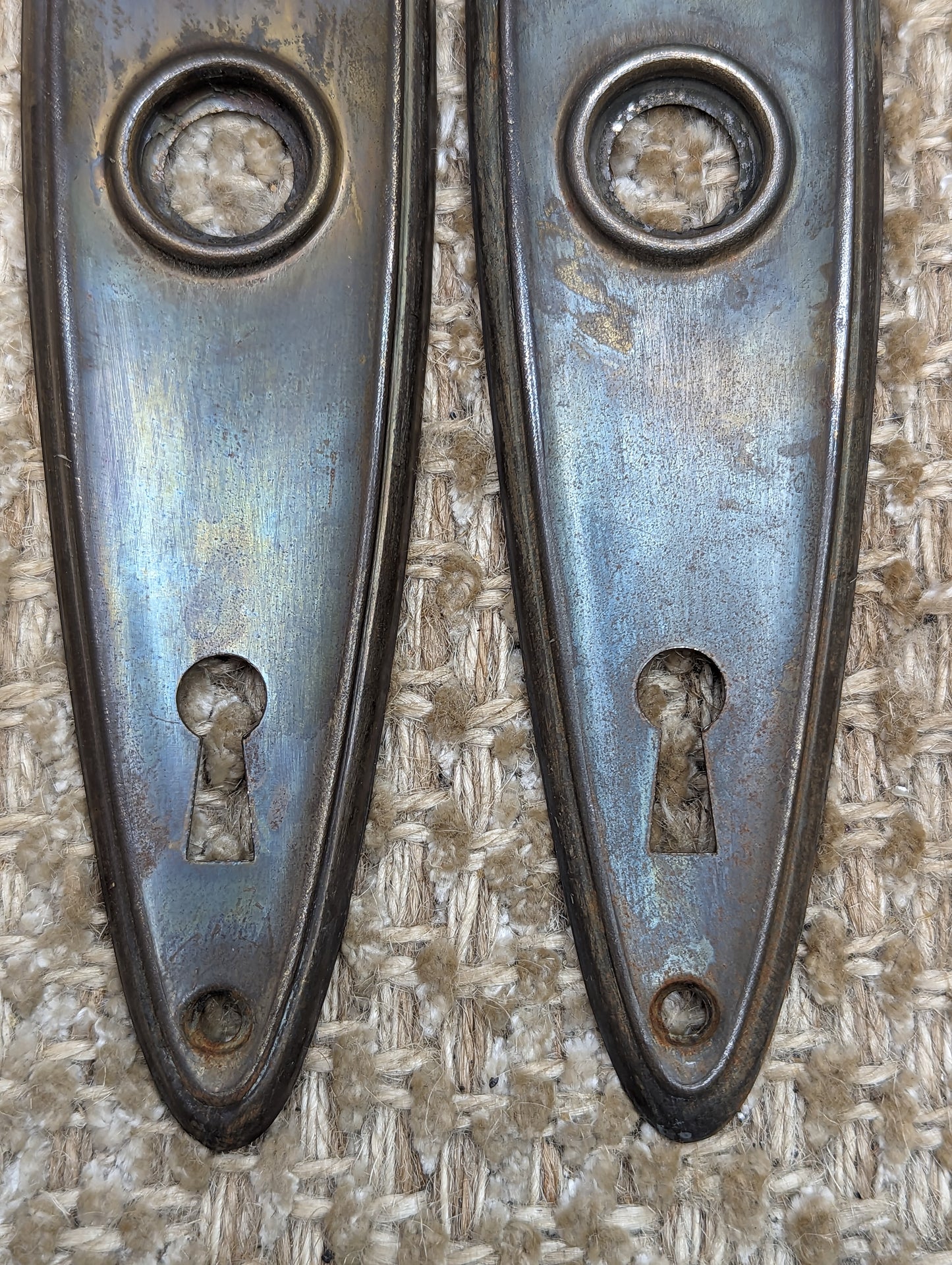 Pair Of 1 11/16" x 6" Antique Stamped Steel Door Knob Plates