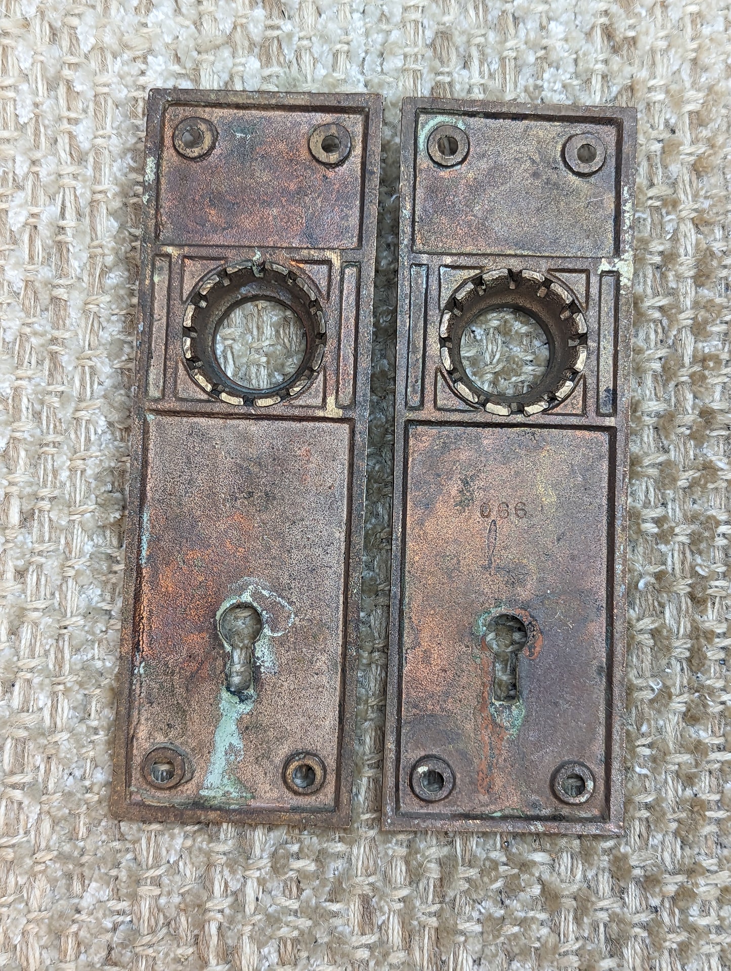 2 1/16" x 6 1/4" Pair Of Antique Cast Brass Door Knob Plates-#066