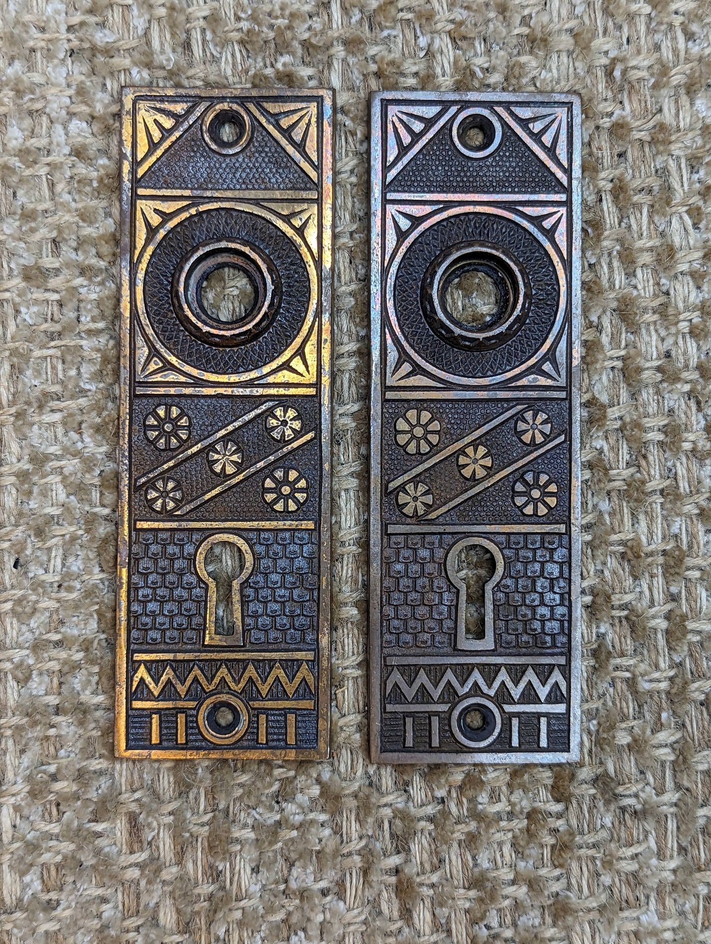 1 11/16" x 5 1/4" Pair Of Antique Cast Brass Door Knob Plates F.C. Linde & CO