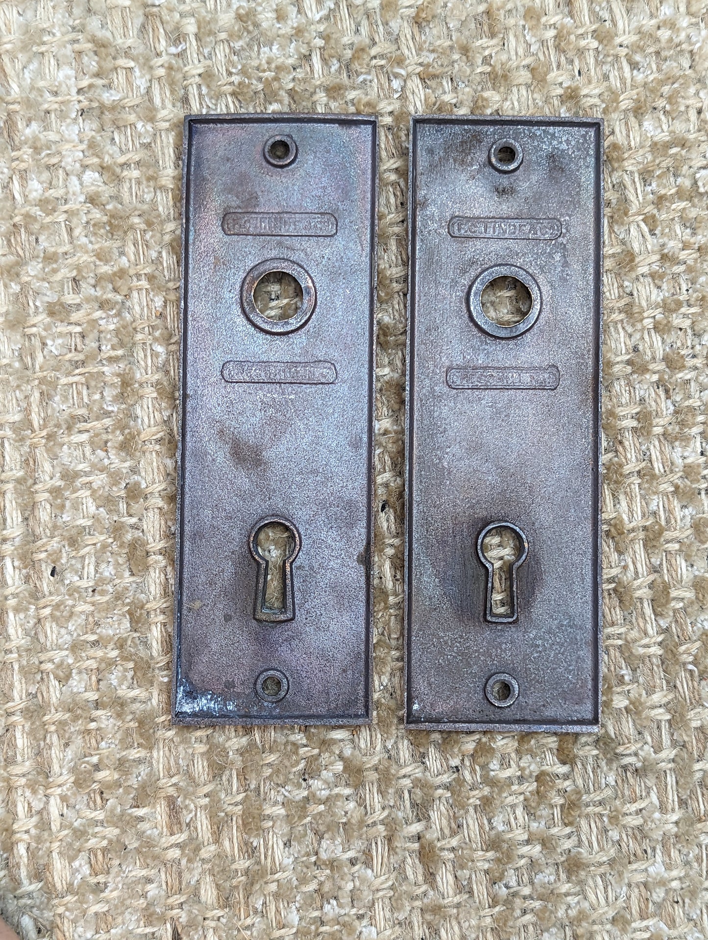 1 11/16" x 5 1/4" Pair Of Antique Cast Brass Door Knob Plates F.C. Linde & CO