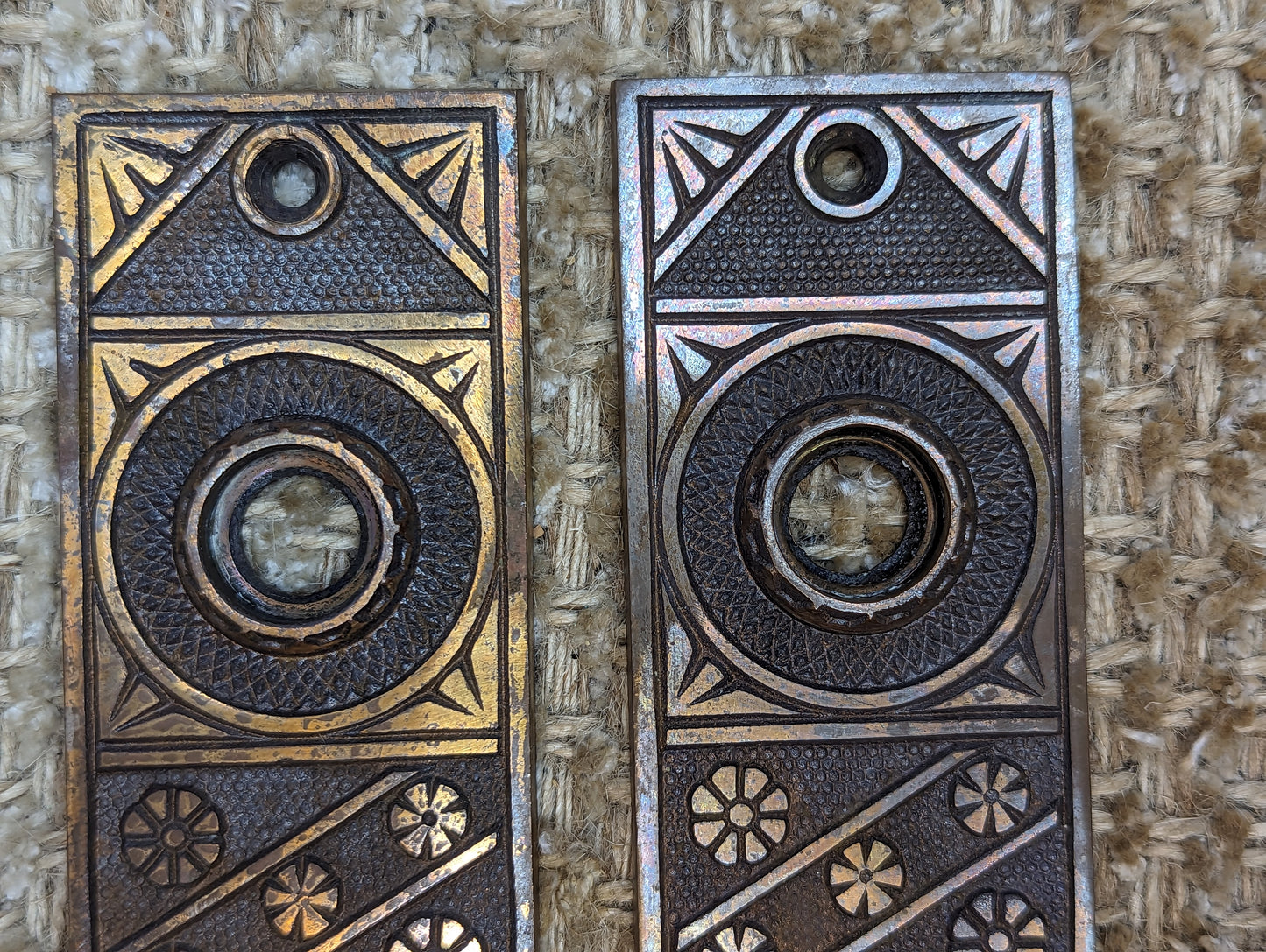 1 11/16" x 5 1/4" Pair Of Antique Cast Brass Door Knob Plates F.C. Linde & CO