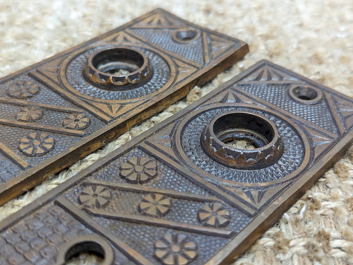 1 11/16" x 5 1/4" Pair Of Antique Cast Brass Door Knob Plates F.C. Linde & CO