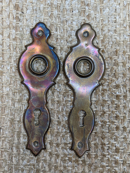 Pair Of 1 15/16" x 6 1/8" Antique Stamped Brass Door Knob Plates