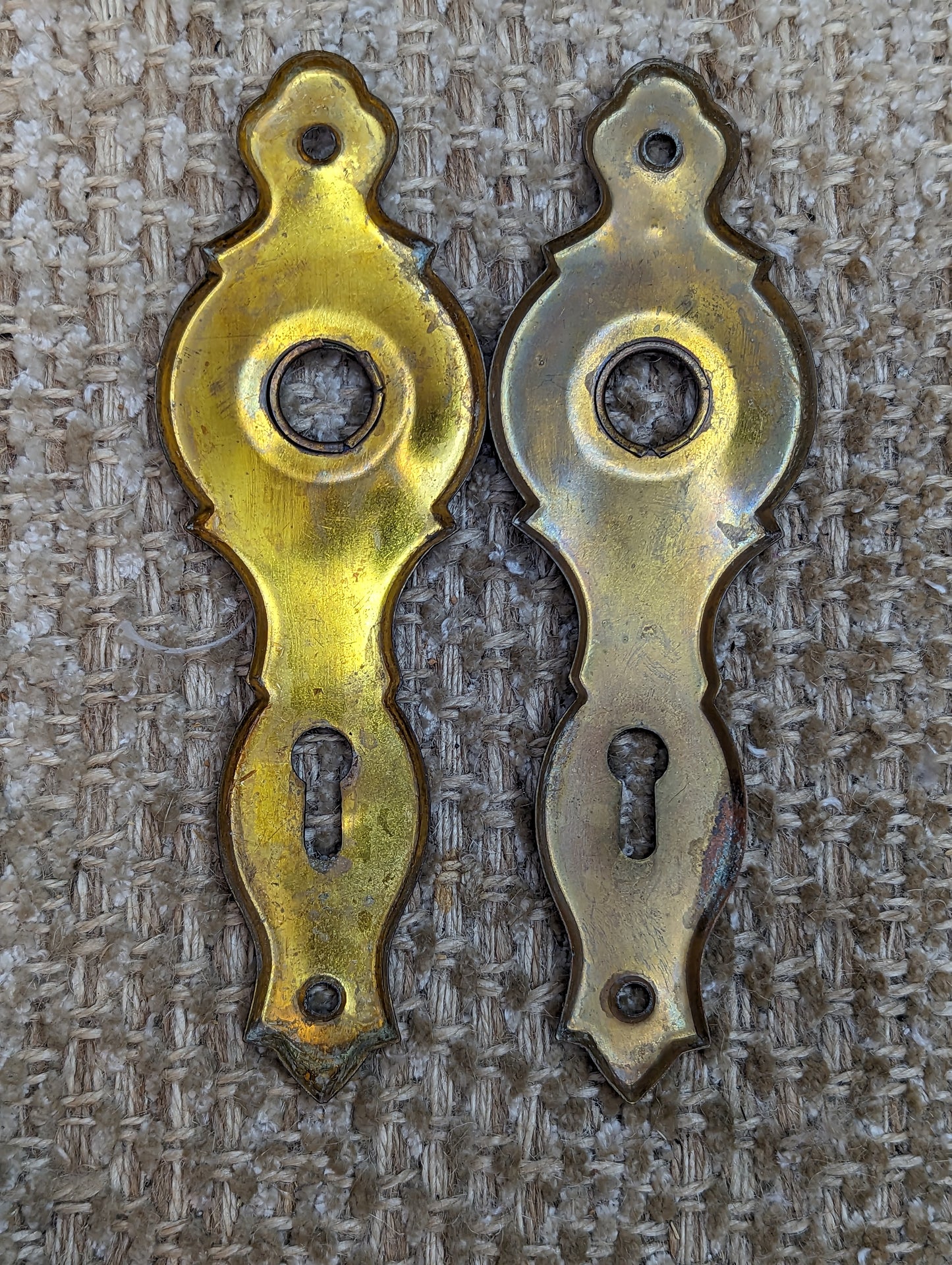 Pair Of 1 15/16" x 6 1/8" Antique Stamped Brass Door Knob Plates