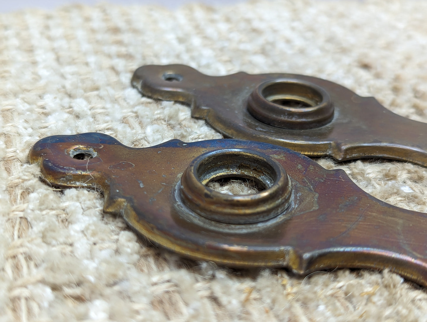 Pair Of 1 15/16" x 6 1/8" Antique Stamped Brass Door Knob Plates