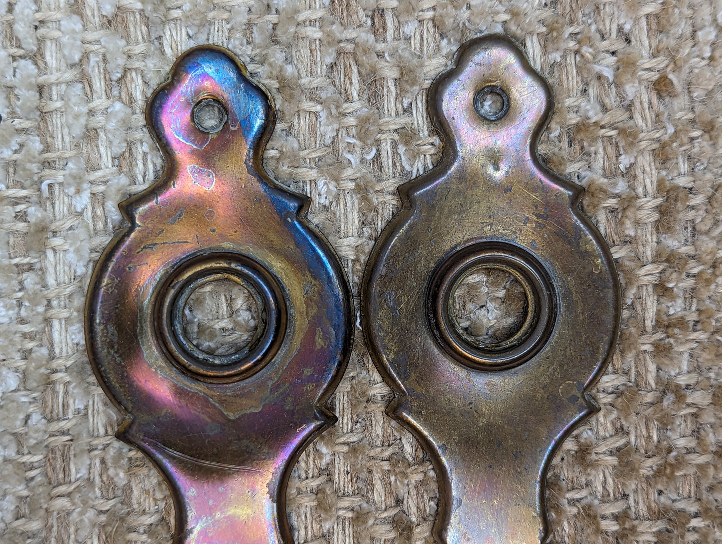 Pair Of 1 15/16" x 6 1/8" Antique Stamped Brass Door Knob Plates