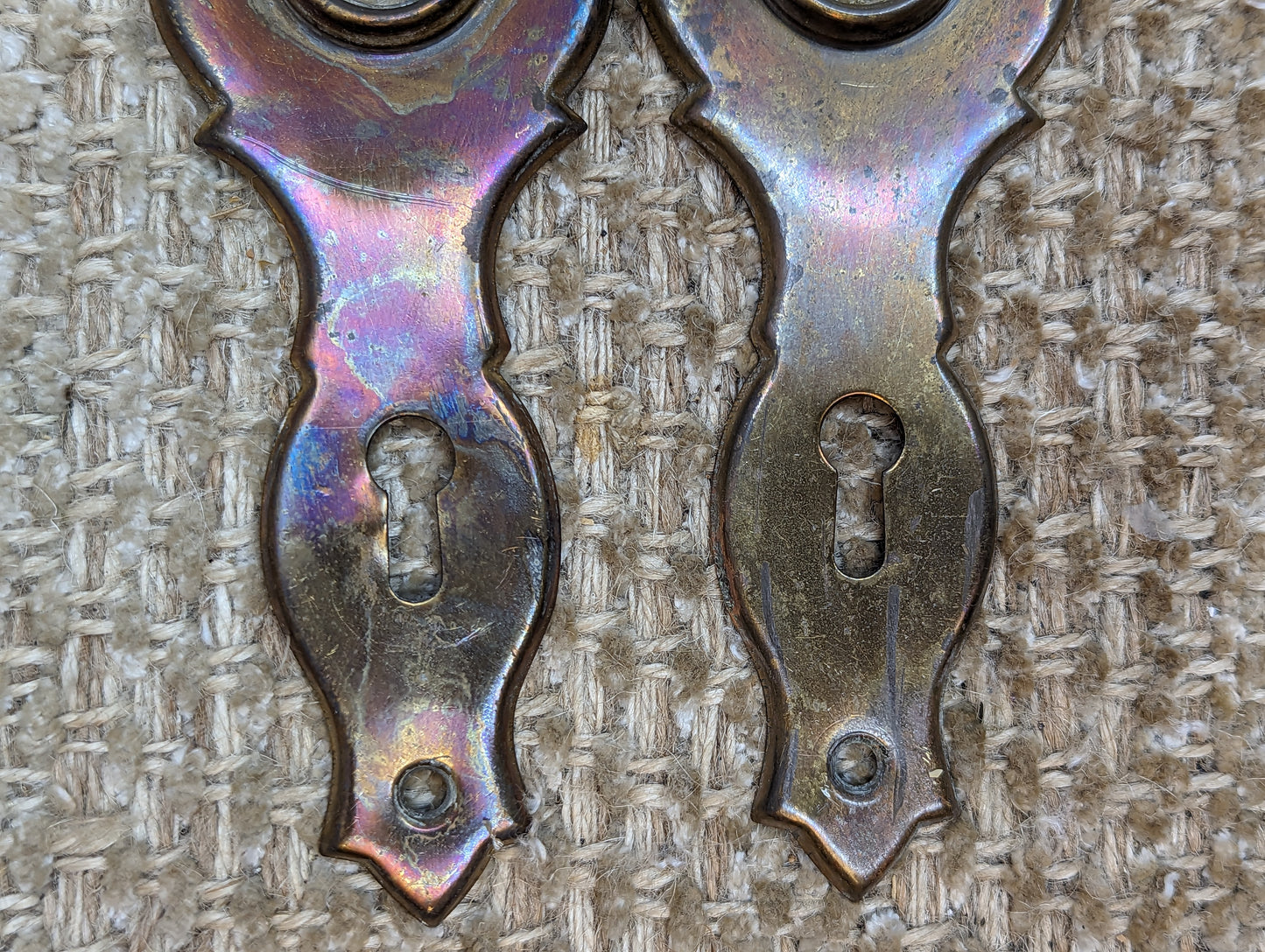 Pair Of 1 15/16" x 6 1/8" Antique Stamped Brass Door Knob Plates