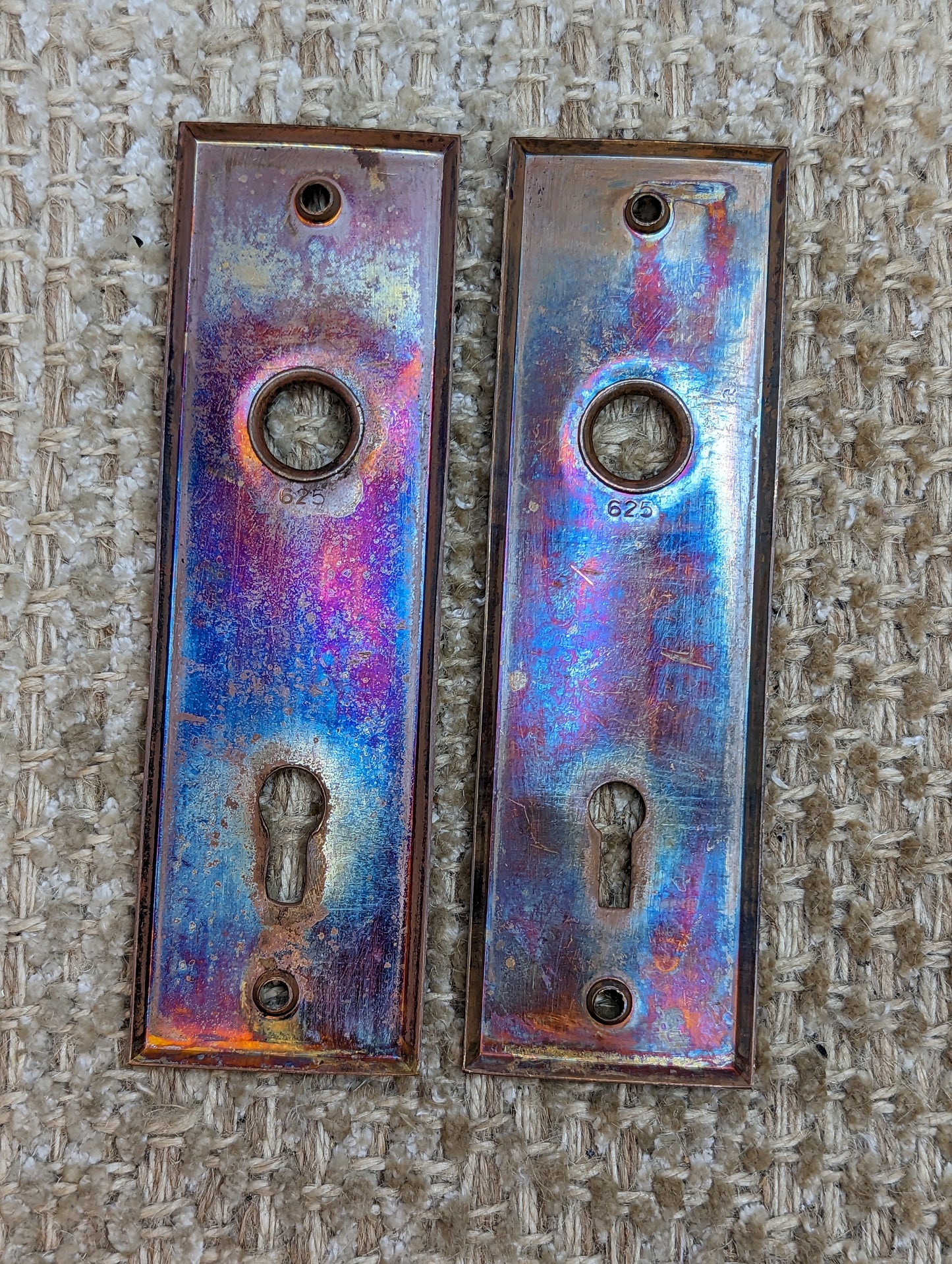 11/16" x 5 1/2" Pair Of Antique Stamped Brass Door Knob Plate Hardware #625