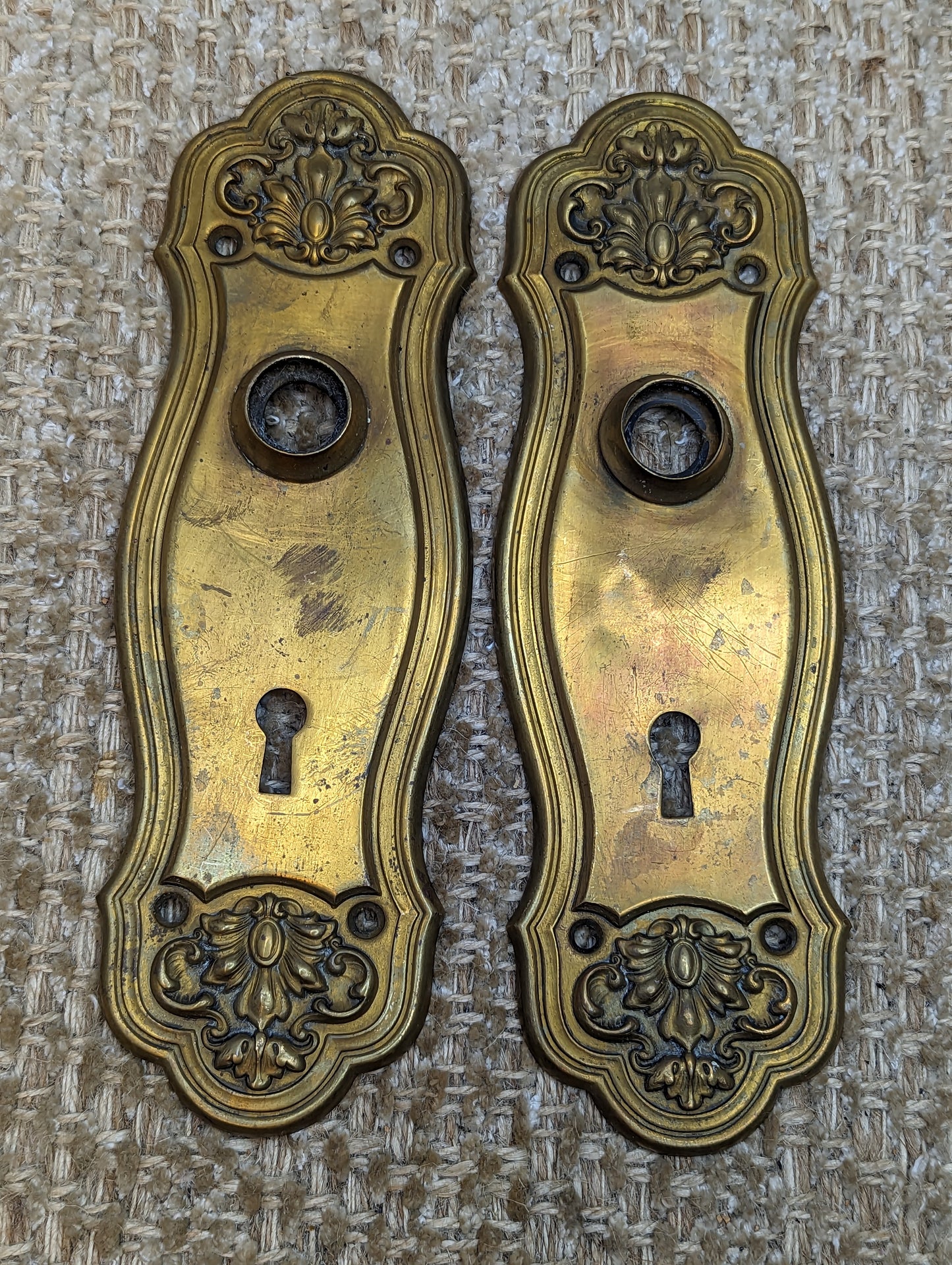 2 5/8" x 8" Pair Of Antique Stamped Brass Door Knob Plate Hardware