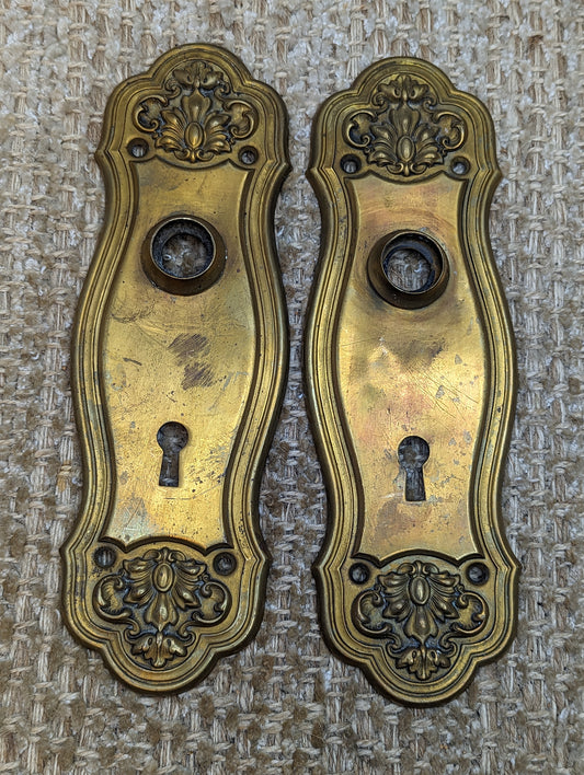 2 5/8" x 8" Pair Of Antique Stamped Brass Door Knob Plate Hardware