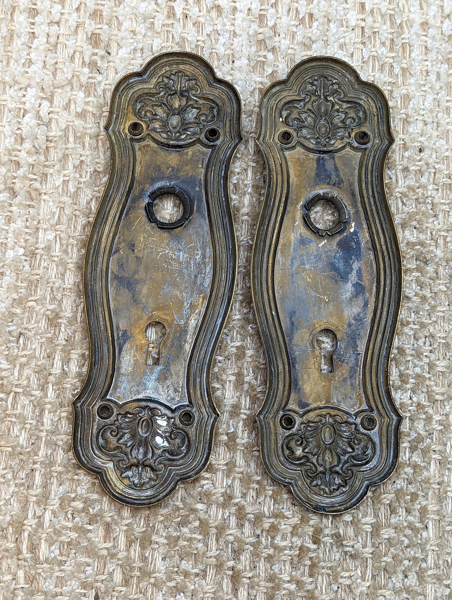 2 5/8" x 8" Pair Of Antique Stamped Brass Door Knob Plate Hardware