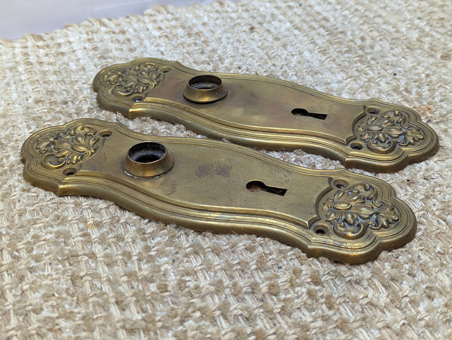 2 5/8" x 8" Pair Of Antique Stamped Brass Door Knob Plate Hardware