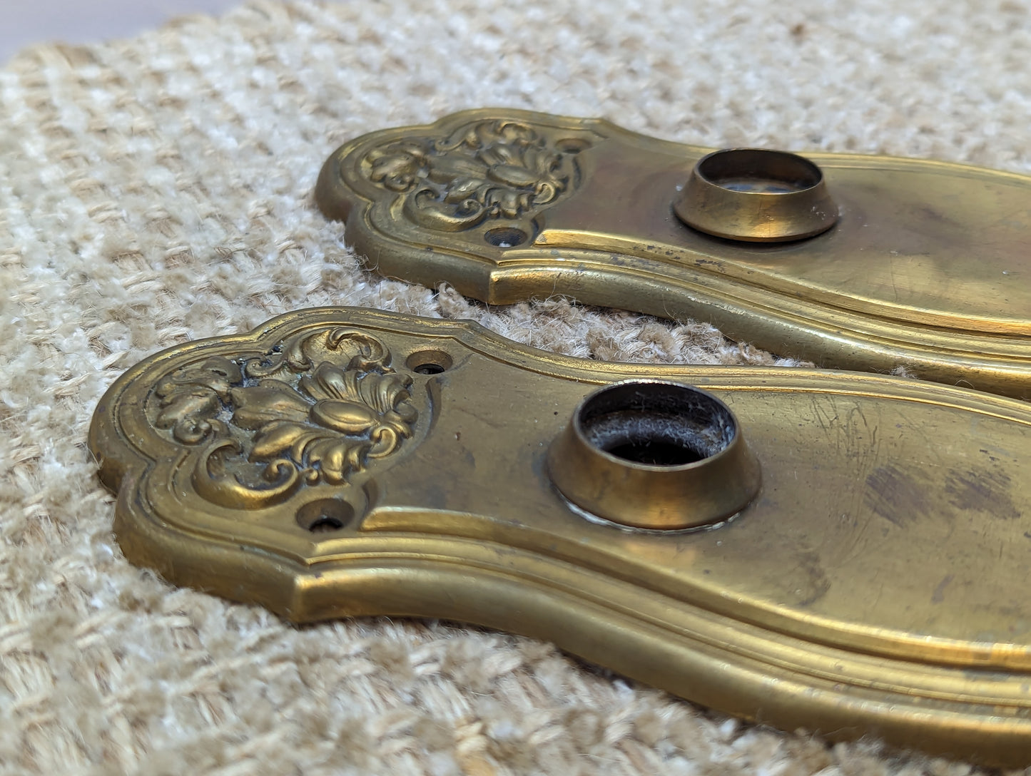 2 5/8" x 8" Pair Of Antique Stamped Brass Door Knob Plate Hardware