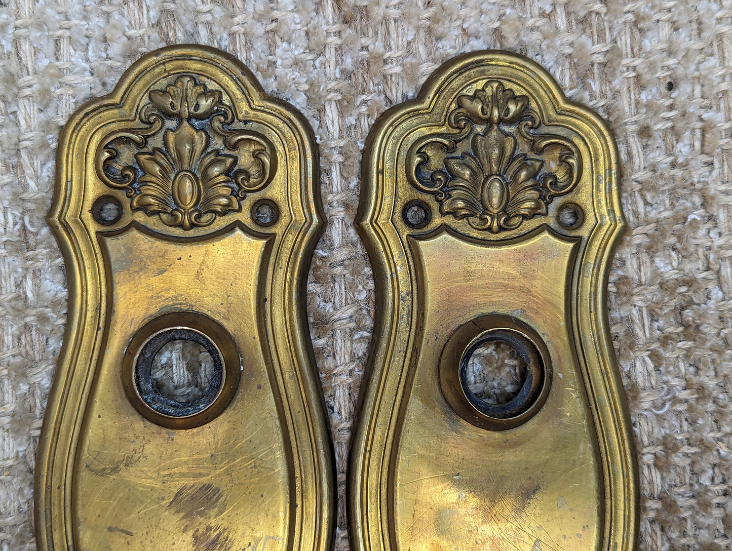 2 5/8" x 8" Pair Of Antique Stamped Brass Door Knob Plate Hardware