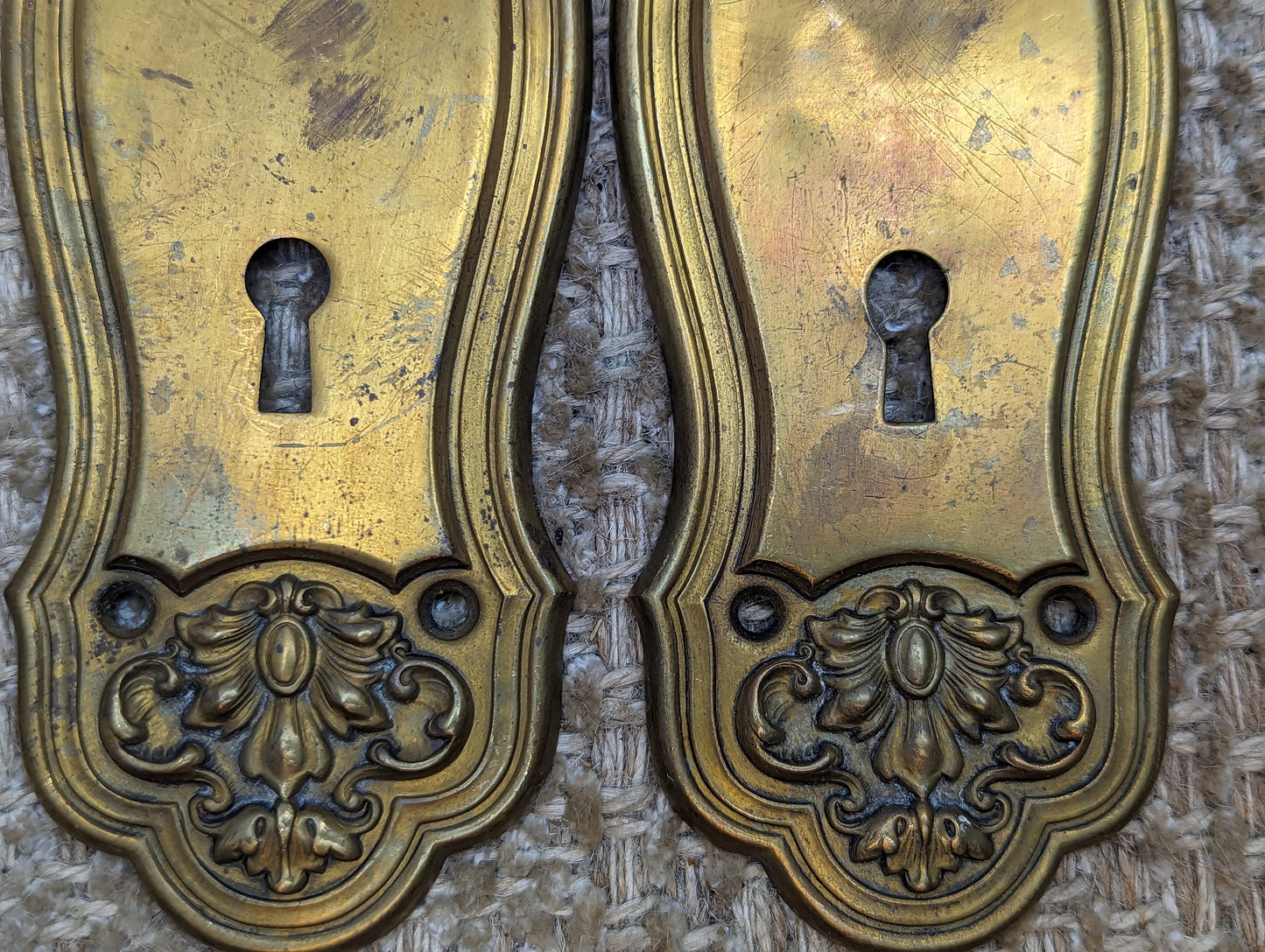 2 5/8" x 8" Pair Of Antique Stamped Brass Door Knob Plate Hardware