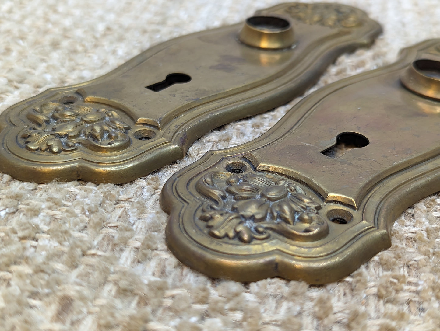 2 5/8" x 8" Pair Of Antique Stamped Brass Door Knob Plate Hardware