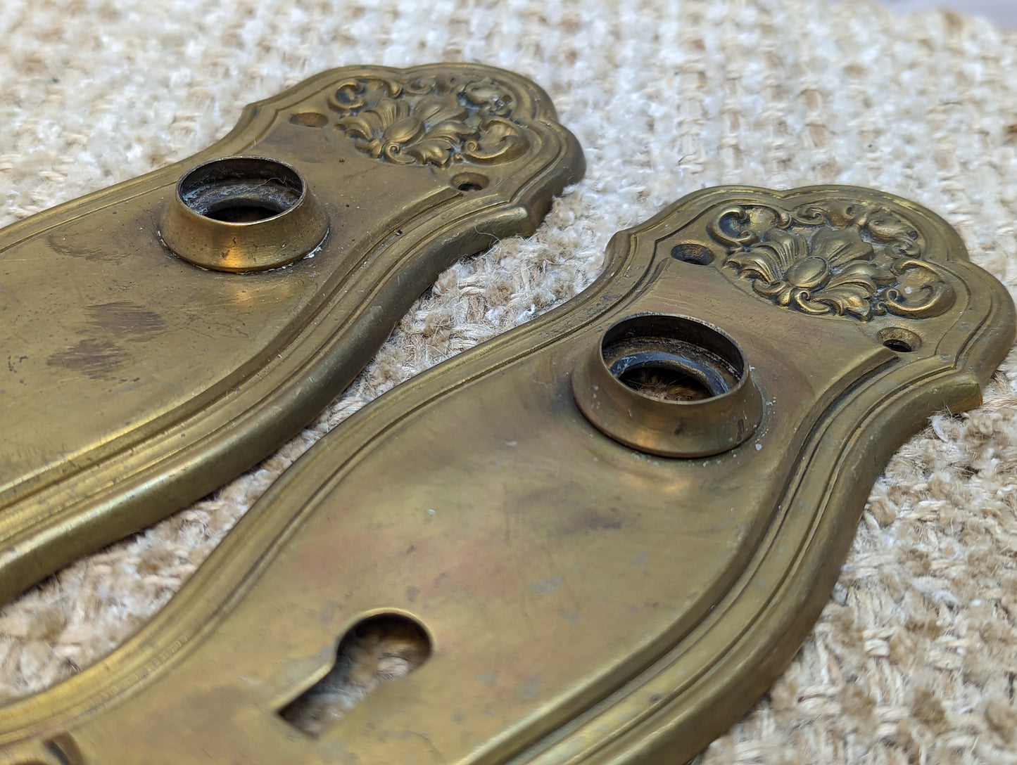 2 5/8" x 8" Pair Of Antique Stamped Brass Door Knob Plate Hardware