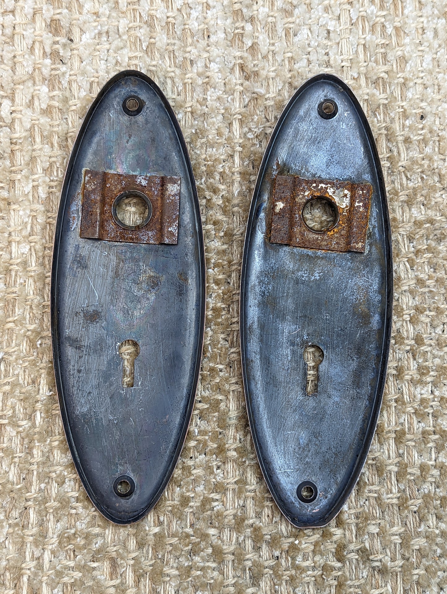 2 3/8" x 7" Pair Of Antique Stamped Brass Door Knob Plate Hardware