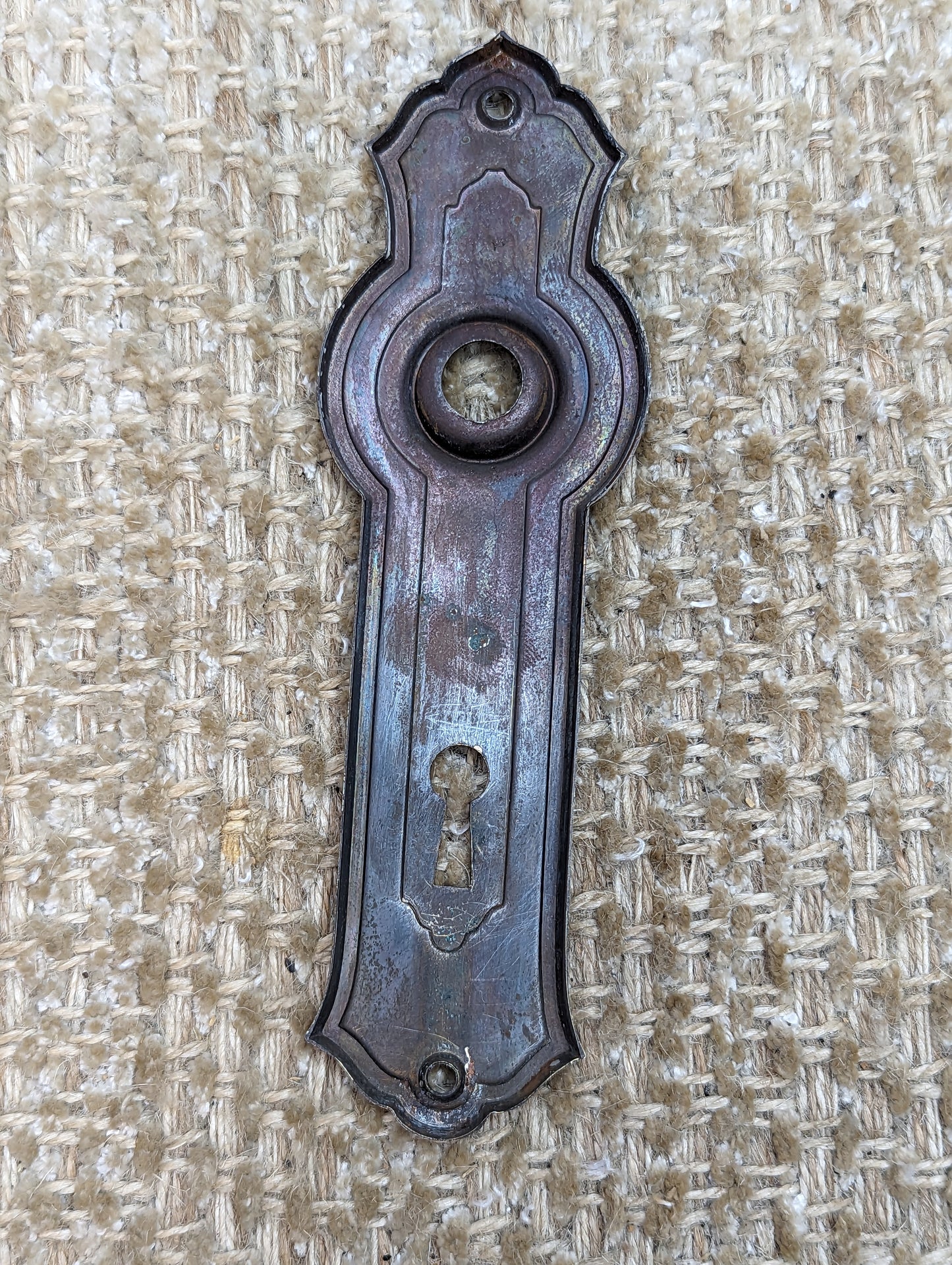 1 15/16" x 6 3/8" Antique Stamped Steel Door Knob Plate