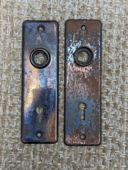 1 5/8" x 5 1/2" Pair Of Antique Stamped Steel Door Knob Plate Hardware