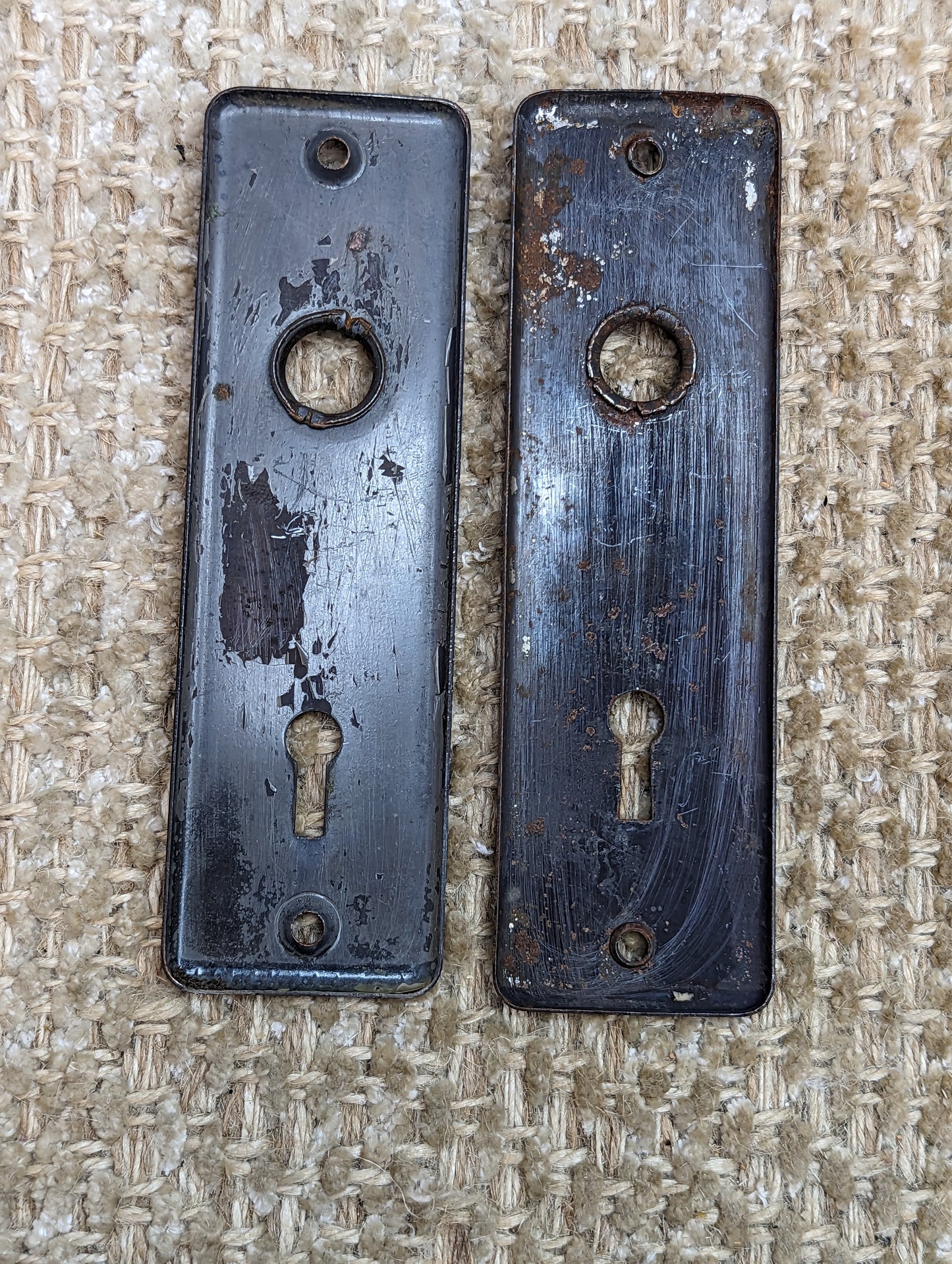 1 5/8" x 5 1/2" Pair Of Antique Stamped Steel Door Knob Plate Hardware