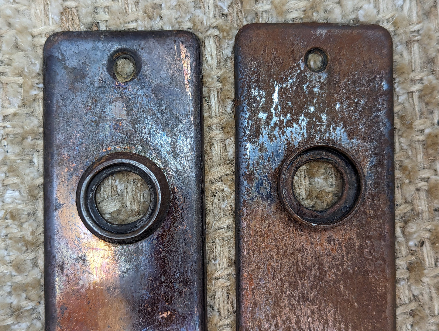 1 5/8" x 5 1/2" Pair Of Antique Stamped Steel Door Knob Plate Hardware