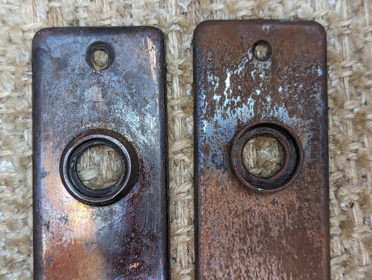 1 5/8" x 5 1/2" Pair Of Antique Stamped Steel Door Knob Plate Hardware