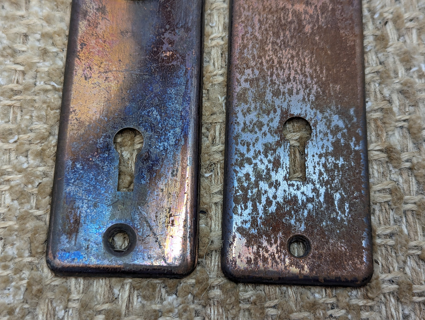 1 5/8" x 5 1/2" Pair Of Antique Stamped Steel Door Knob Plate Hardware