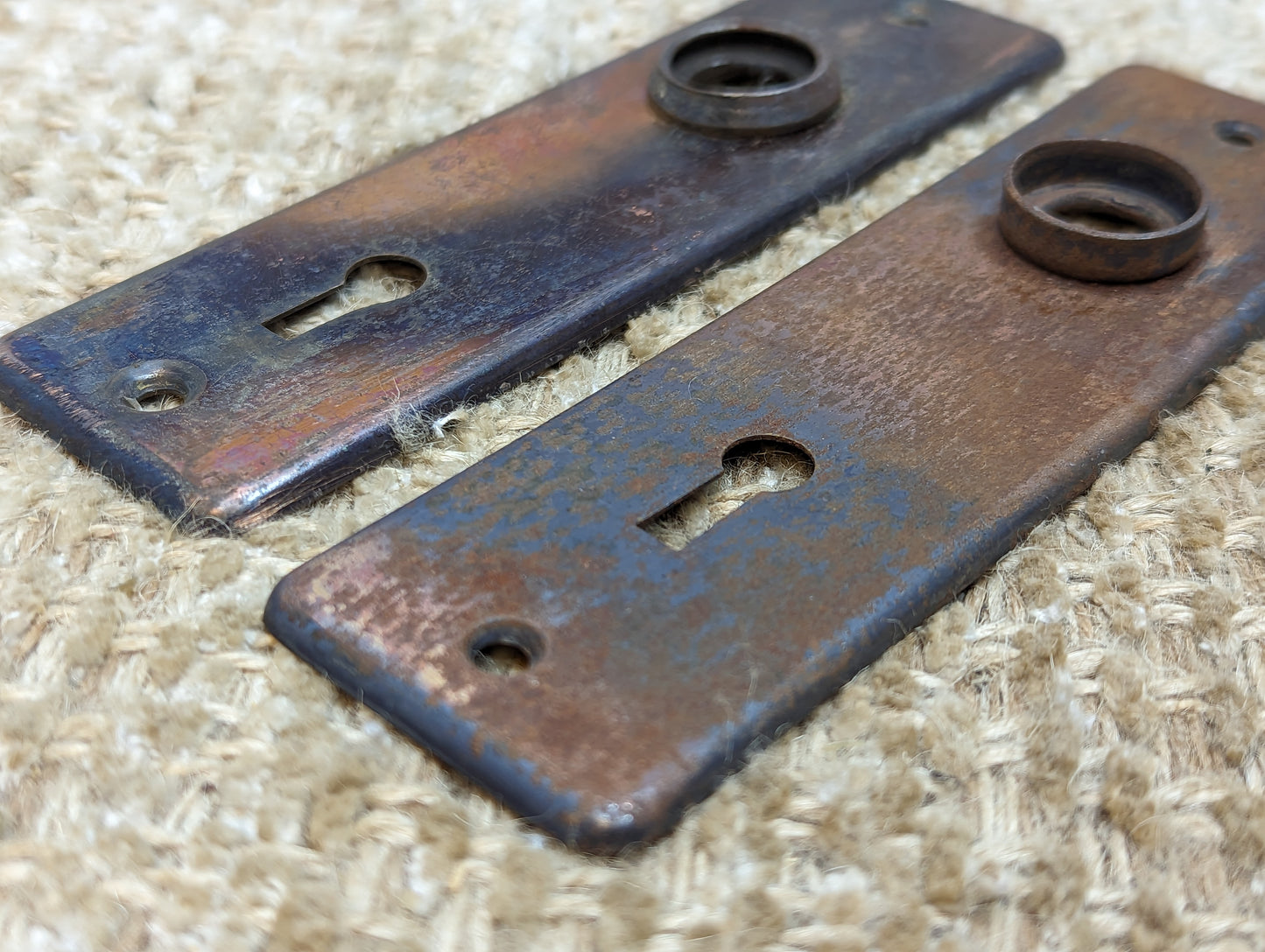 1 5/8" x 5 1/2" Pair Of Antique Stamped Steel Door Knob Plate Hardware