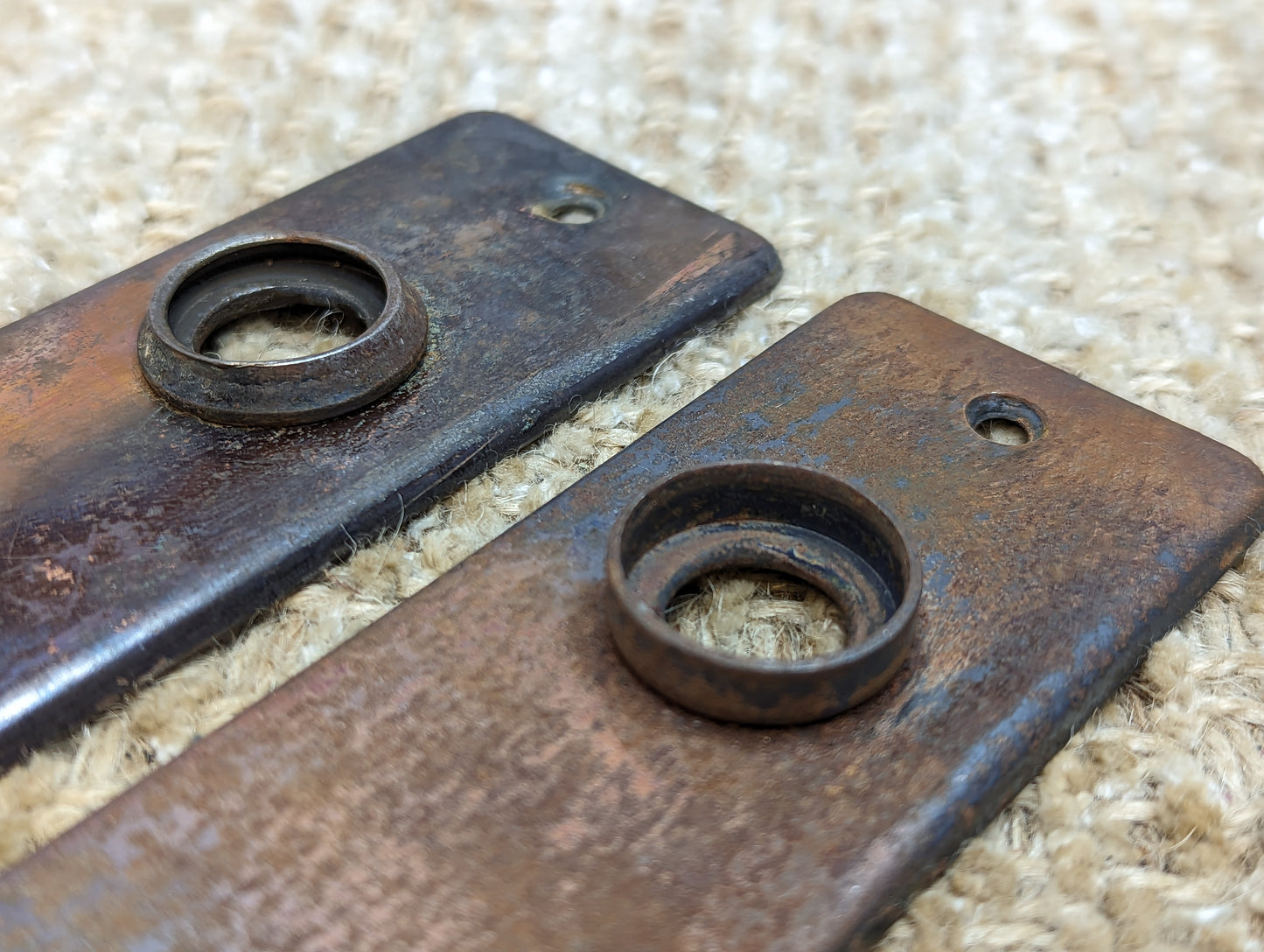 1 5/8" x 5 1/2" Pair Of Antique Stamped Steel Door Knob Plate Hardware