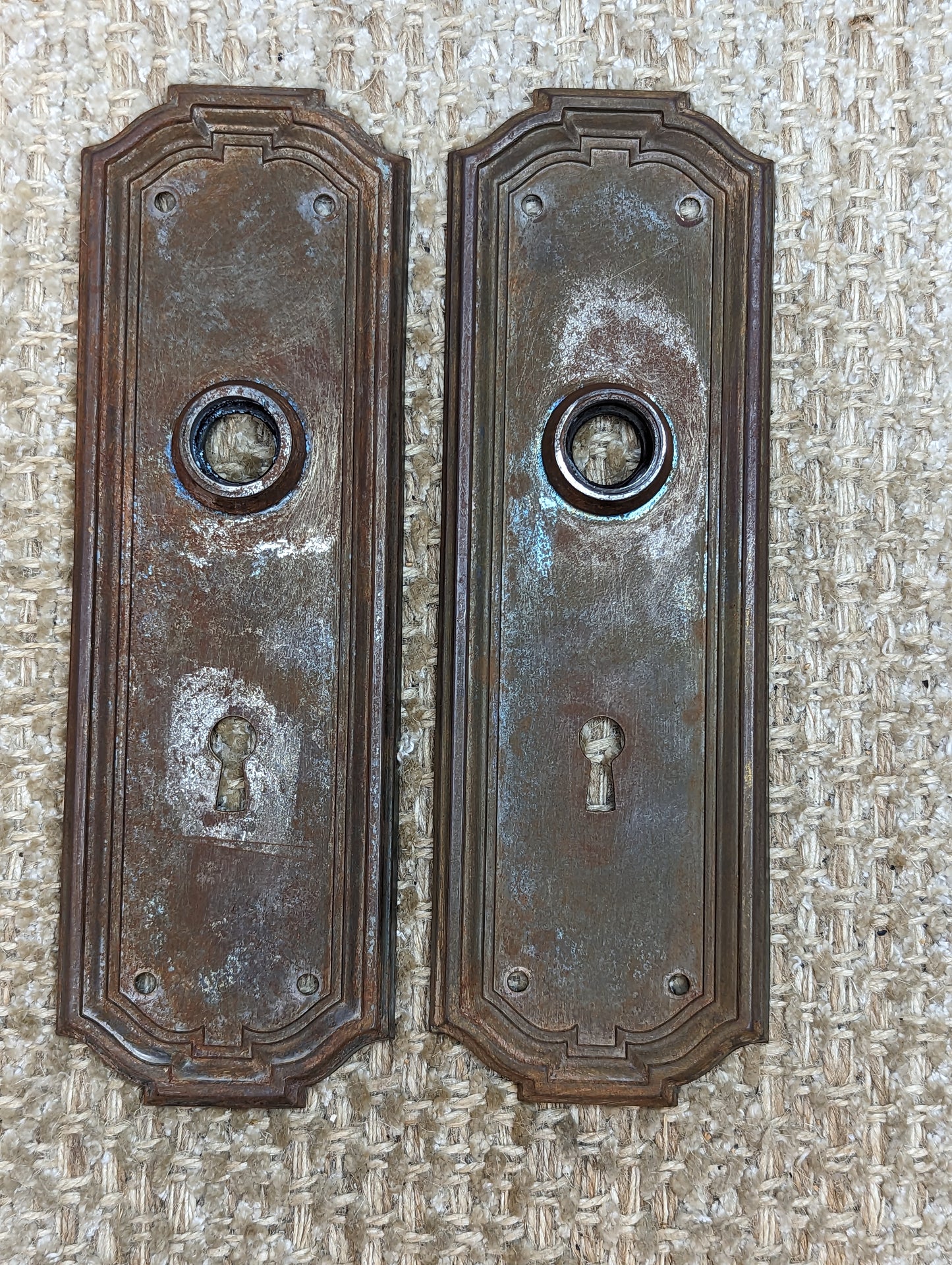 2 9/16" x 7 7/8" Pair Of Antique Stamped Steel Door Knob Plate Hardware