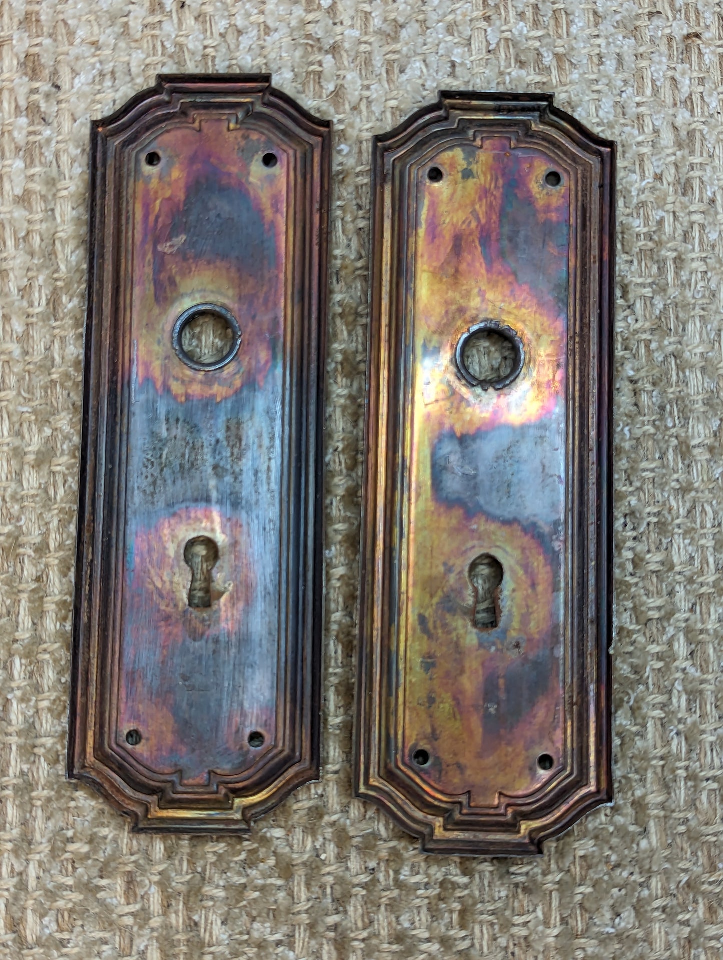 2 9/16" x 7 7/8" Pair Of Antique Stamped Steel Door Knob Plate Hardware