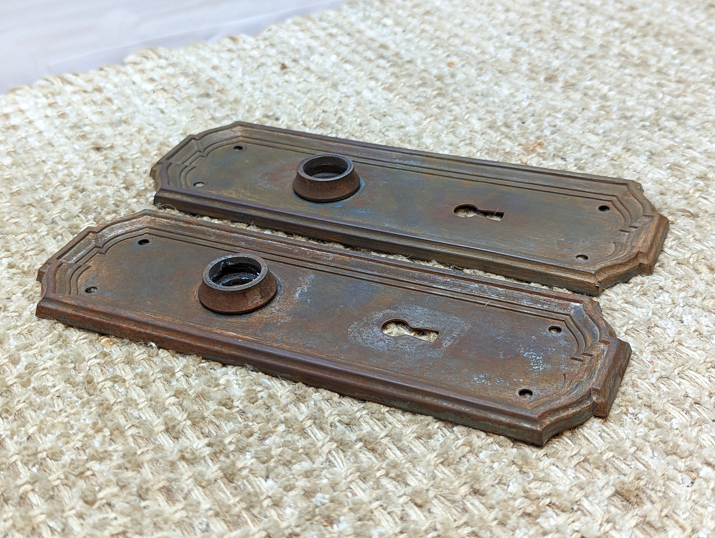 2 9/16" x 7 7/8" Pair Of Antique Stamped Steel Door Knob Plate Hardware