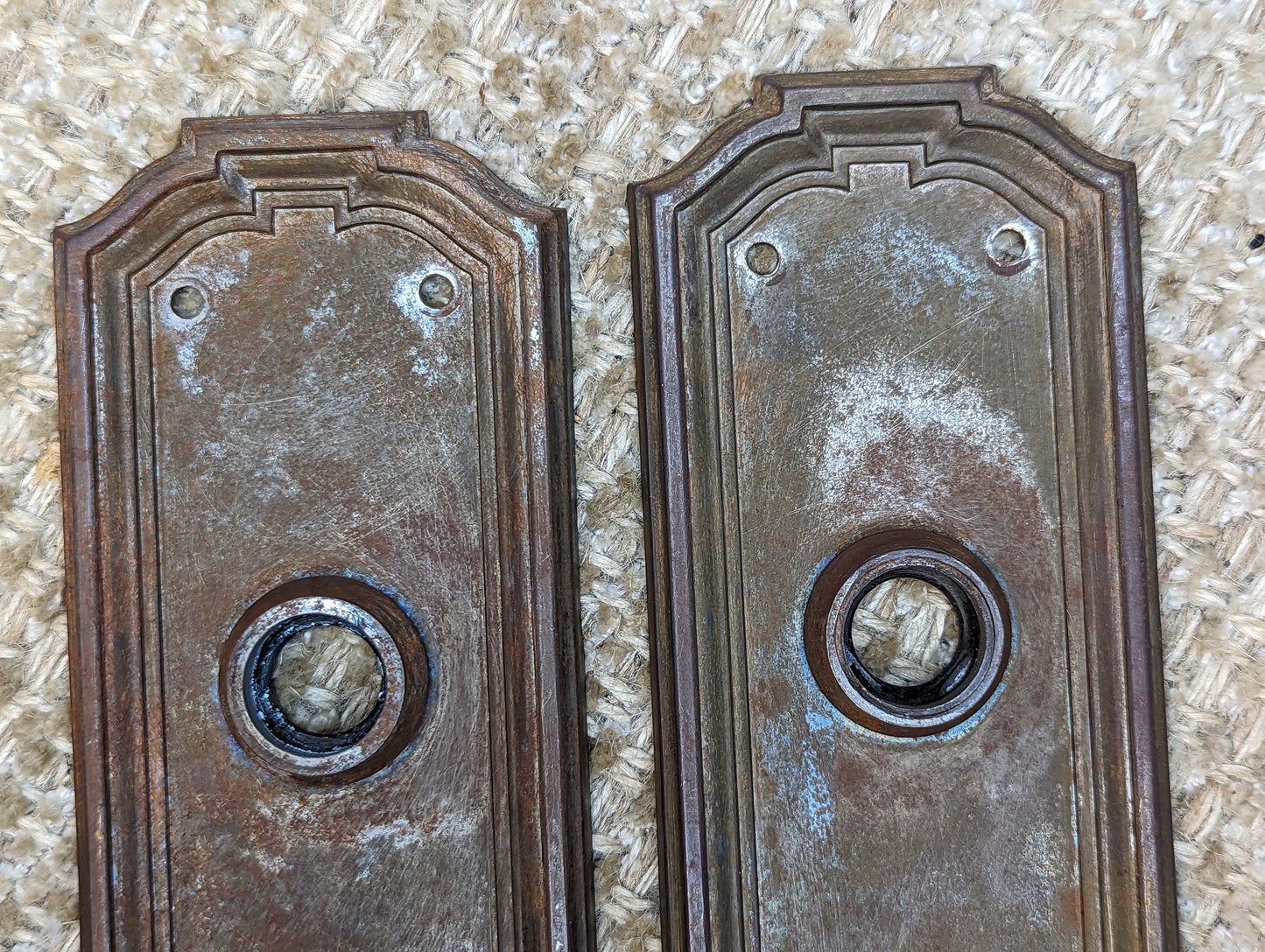 2 9/16" x 7 7/8" Pair Of Antique Stamped Steel Door Knob Plate Hardware