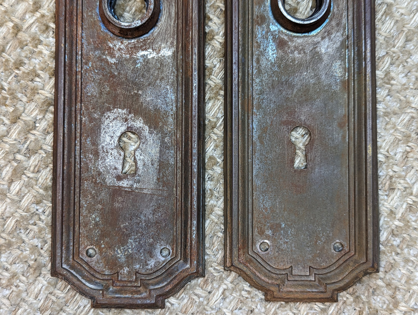 2 9/16" x 7 7/8" Pair Of Antique Stamped Steel Door Knob Plate Hardware