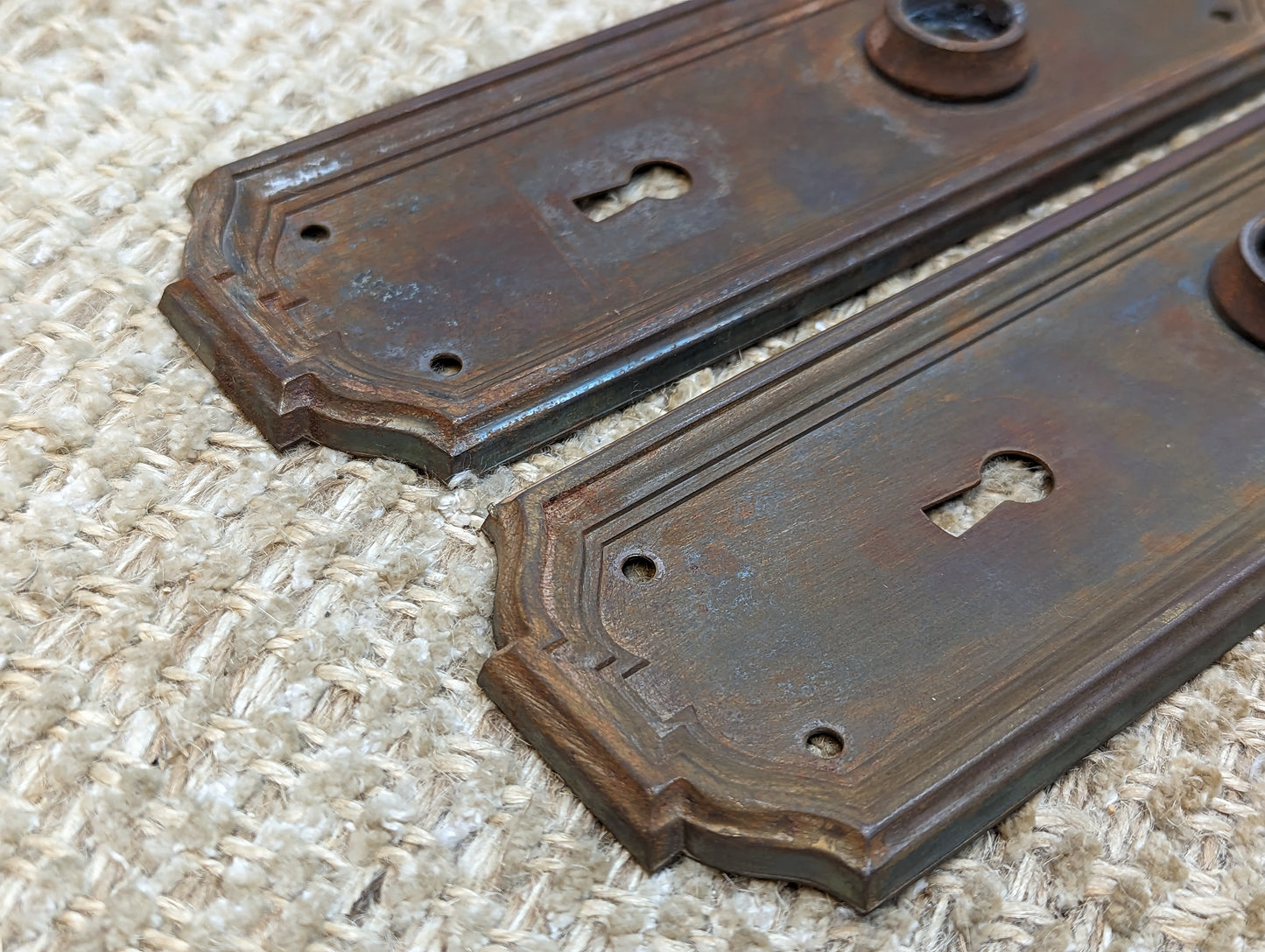 2 9/16" x 7 7/8" Pair Of Antique Stamped Steel Door Knob Plate Hardware