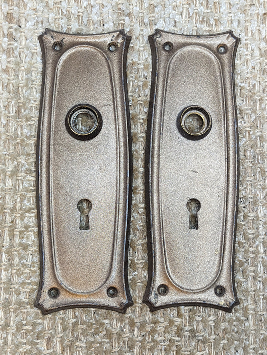 2 9/16" x 7 11/16" Pair Of Antique Stamped Steel Door Knob Plate Hardware