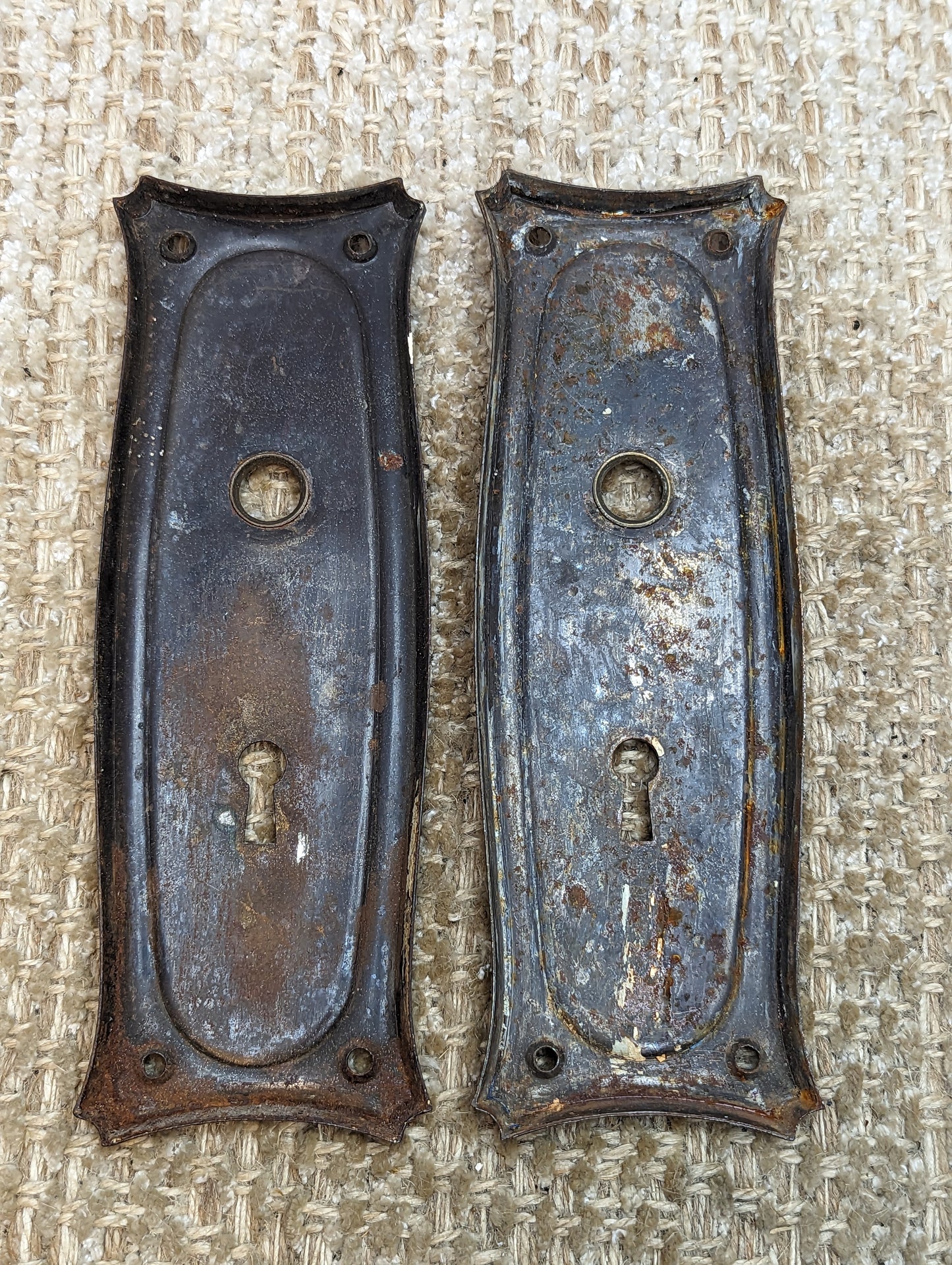 2 9/16" x 7 11/16" Pair Of Antique Stamped Steel Door Knob Plate Hardware