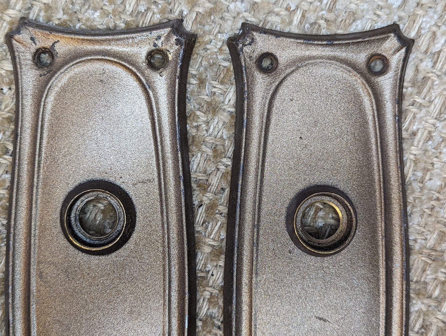 2 9/16" x 7 11/16" Pair Of Antique Stamped Steel Door Knob Plate Hardware