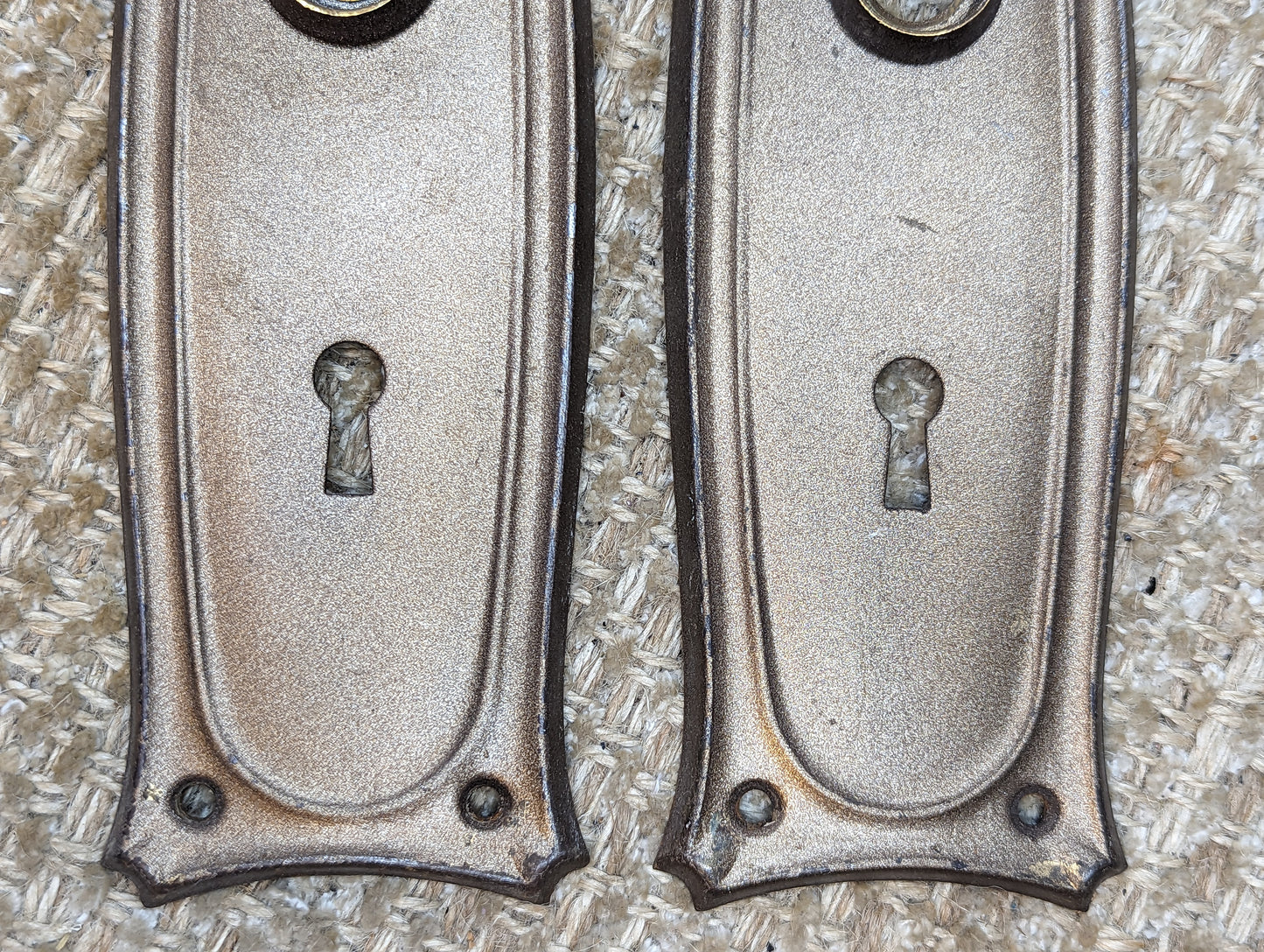 2 9/16" x 7 11/16" Pair Of Antique Stamped Steel Door Knob Plate Hardware