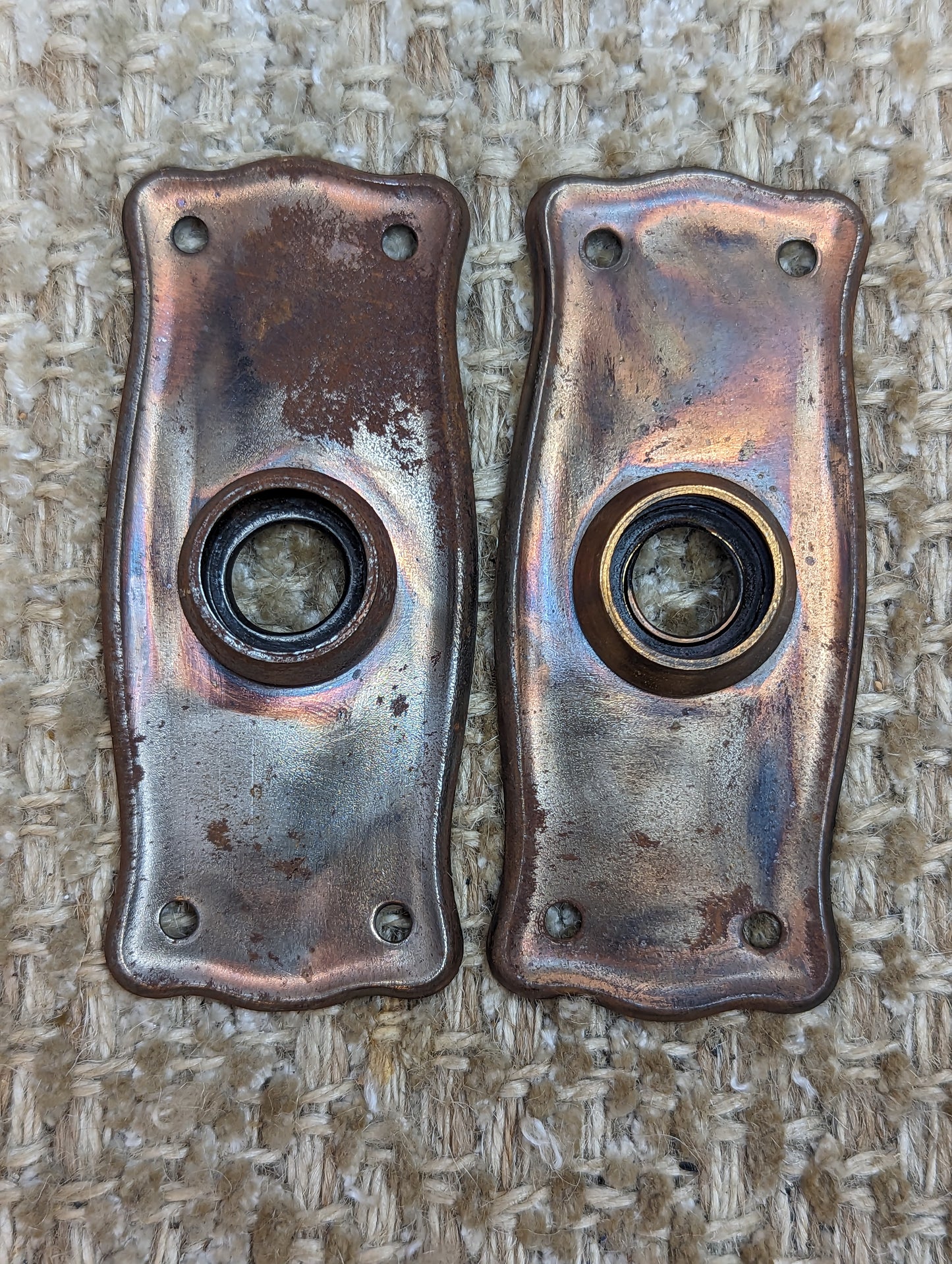 1 9/16" x 3 11/16" Pair Of Antique Stamped Steel Door Knob Plate Hardware