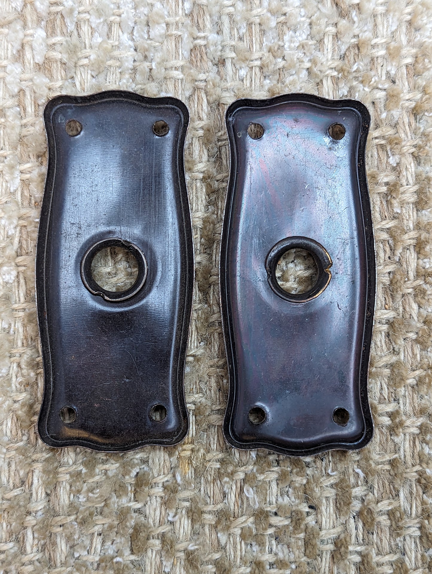 1 9/16" x 3 11/16" Pair Of Antique Stamped Steel Door Knob Plate Hardware