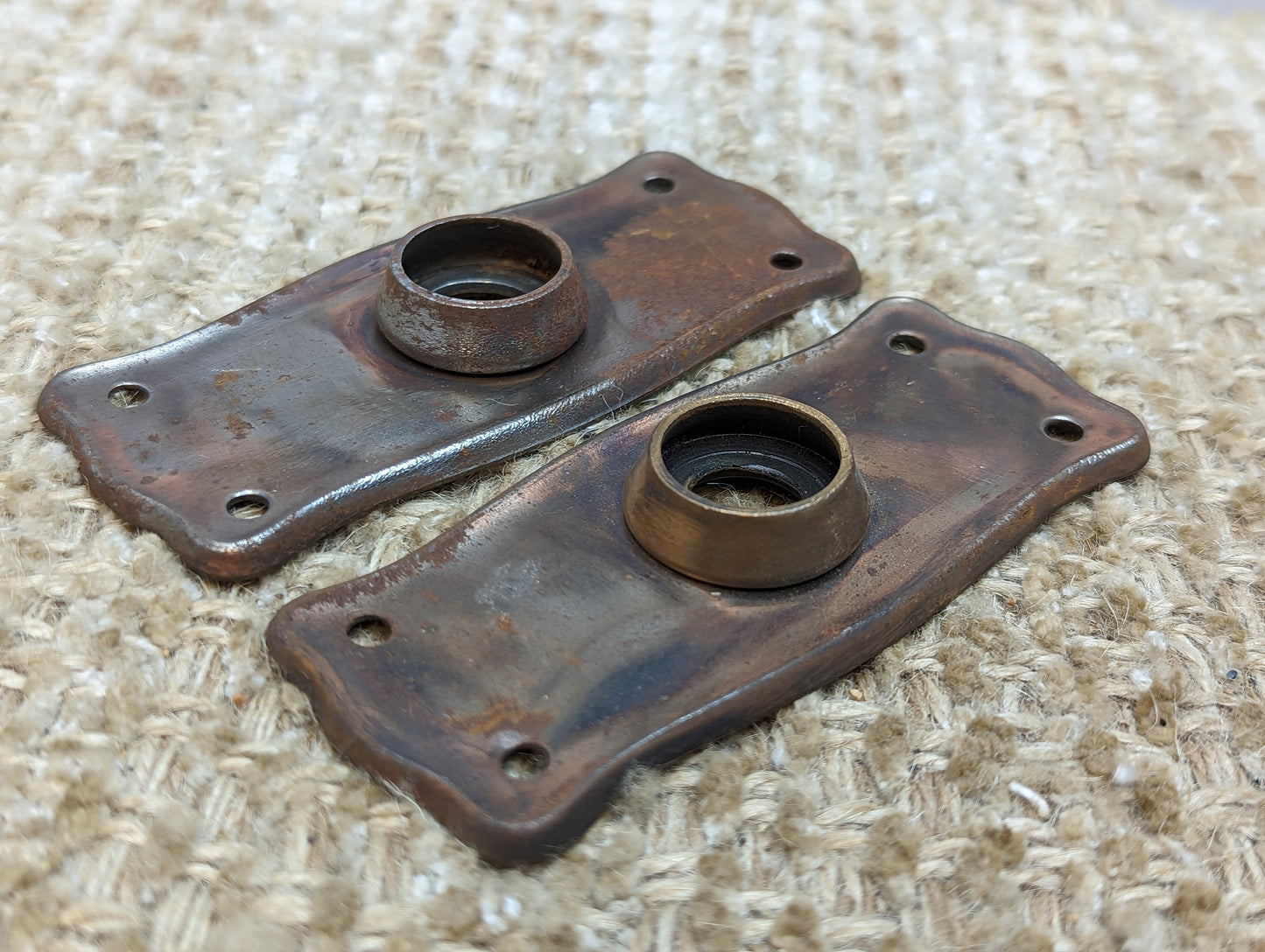 1 9/16" x 3 11/16" Pair Of Antique Stamped Steel Door Knob Plate Hardware