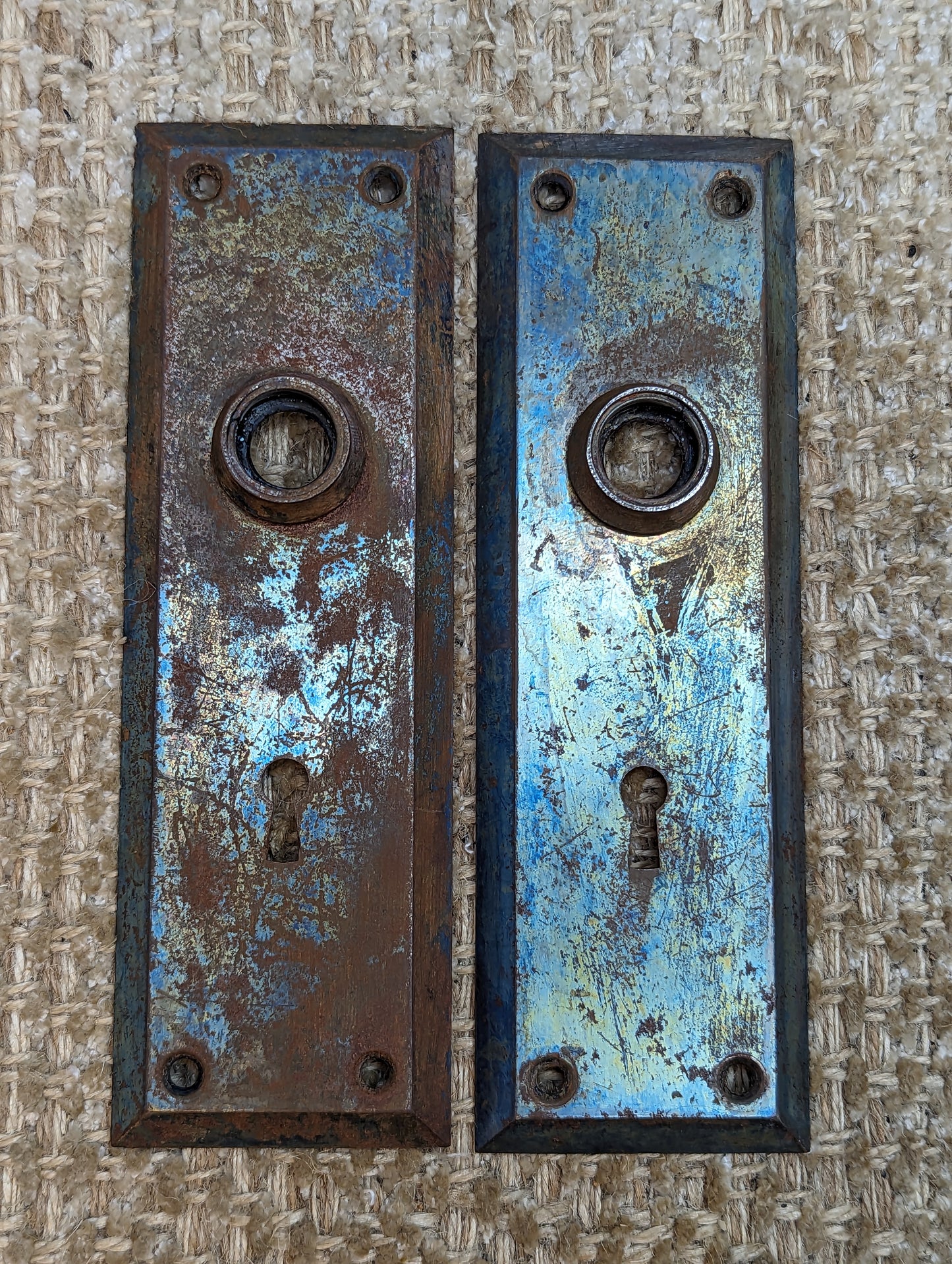 2 1/4" x 7" Pair Of Antique Stamped Steel Door Knob Plate Hardware