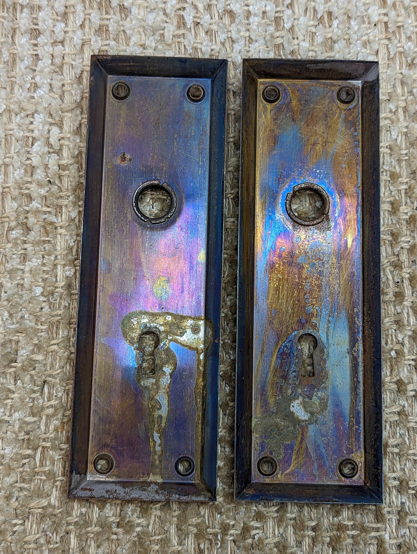 2 1/4" x 7" Pair Of Antique Stamped Steel Door Knob Plate Hardware