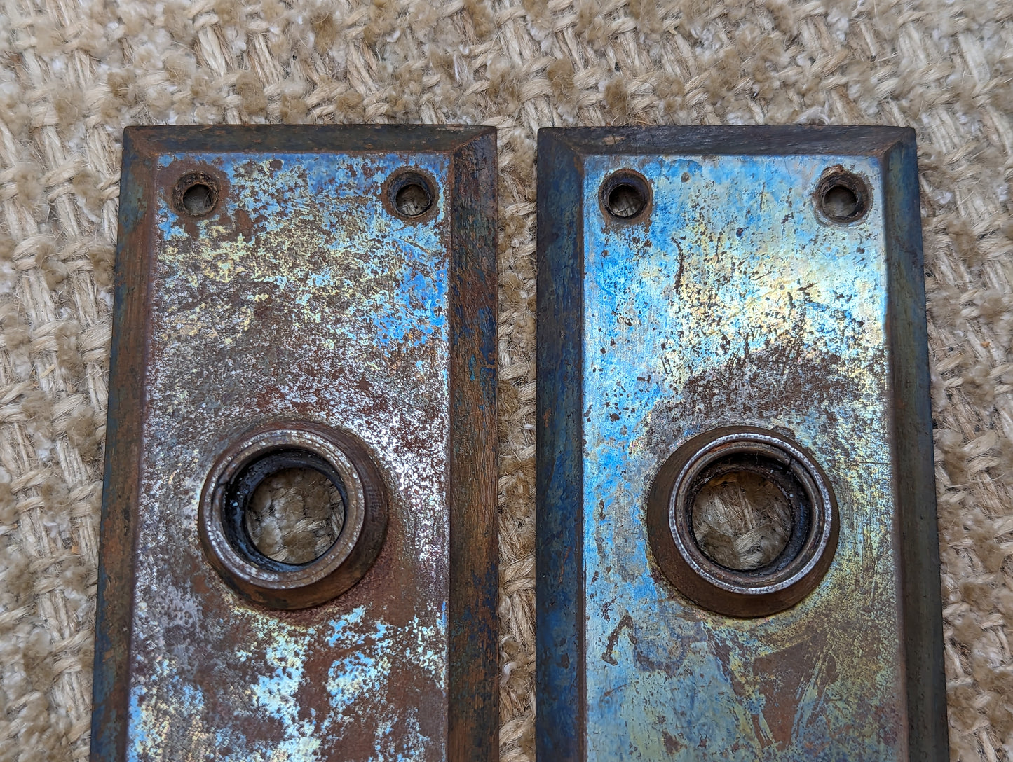 2 1/4" x 7" Pair Of Antique Stamped Steel Door Knob Plate Hardware