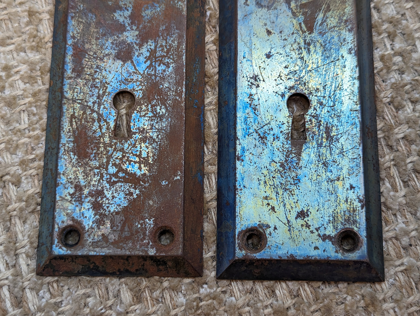 2 1/4" x 7" Pair Of Antique Stamped Steel Door Knob Plate Hardware