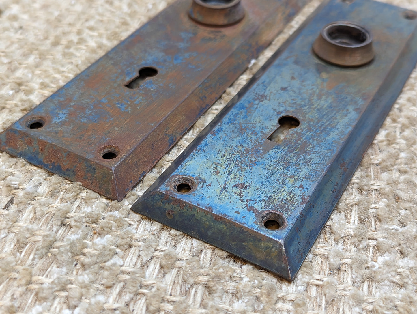 2 1/4" x 7" Pair Of Antique Stamped Steel Door Knob Plate Hardware